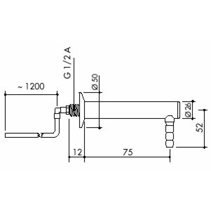 TOF 1000/656 - Laboratory drain for demi water with inlet hose, outlet 90°, l 75 mm